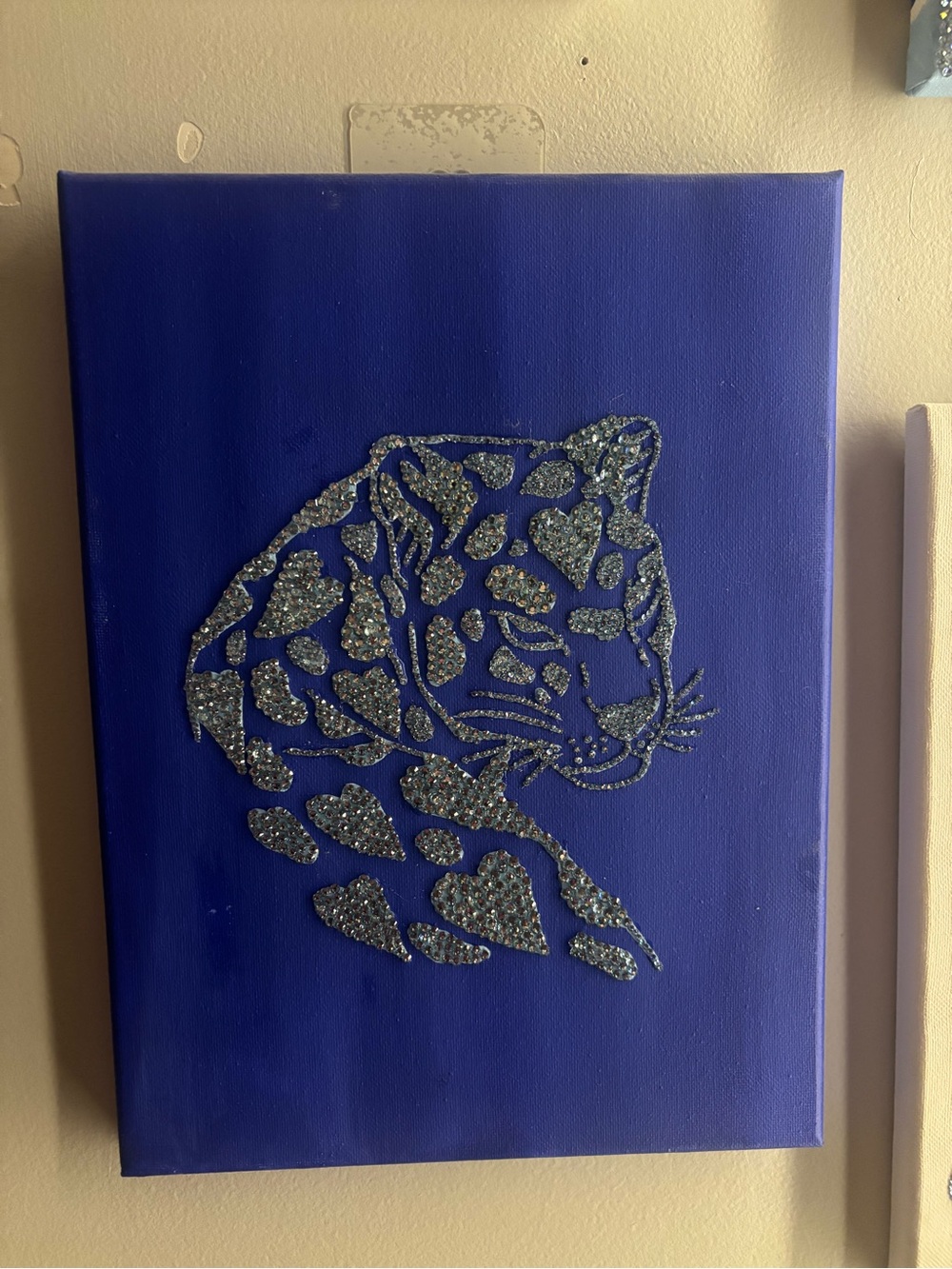 Blue Leopard Silhouette Wall Art with Silver Glitter Accents